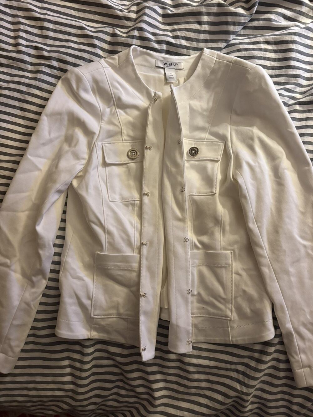 New! White House Black Market WHBM Long Sleeve Collarless Jacket ecru, size 10